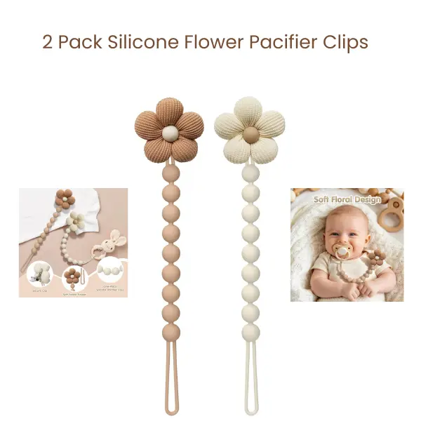 2 Pack Silicone Flower Pacifier Clips, Food Grade Baby Pacifier Holder with Daisy Clip for Boys Girls Summer Gift