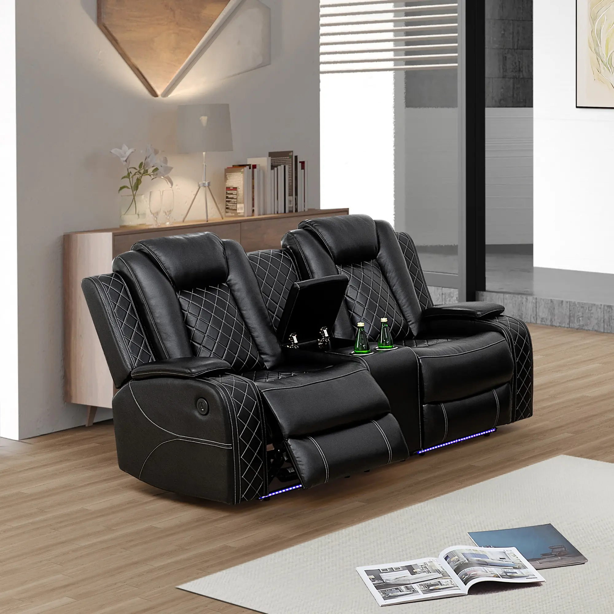 Black Leather Flexible Sectional 2-Seat Recliners Loveseat Couch Chaise Lounge - Indoor Furniture Chairs, Breathable Leather, LED Lights, Convenient Storage Space, Adjustable Seats, Sleek Design for Modern Living Room, Warm Inviting Ambiance, Comfortable
