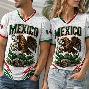 Men's Mexico-Inspired Graphic V-Neck Short-Sleeve Soccer Fan T-Shirt - Eagle Serpent Print, Aztec Calendar Back, Flag Sleeve Accents