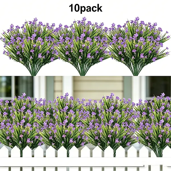 10 Bundles Purple UV-Resistant Artificial Decorative Flowers, Faux Silk Daisy-Eucalyptus-Lavender Plants for Outdoor Home Porch Patio & Indoor Spring Decor