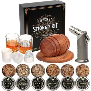 Whiskey Smoker Kit with Torch - 6 Flavors Wood Chips, 2 Glasses, 2 Ice Ball Molds - Cocktail Smoker Kit, Old Fashioned Drink Smoker Kit, Birthday Bourbon Whiskey Gifts for Men,Dad(NO Butane) Bakeware