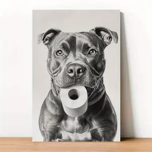 1pc Canvas Poster Without Frame - a Pitbull Dog Holding a Toilet Paper Roll in Its Mouth- Frameless Mural for Living Room, Bedroom, Home Office, Dining Room - Stylish Theme Interior Poster - Ideal Gift for Home Decor