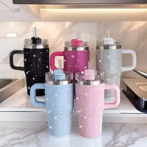 14oz Sturdy Rhinestone Double-Wall Vacuum Insulated Stainless Steel Tumbler - Car Interior Stowing Insulated Vacuum Drinkware, Portable Lightweight Leak-Proof Travel Mug with Handle, Straw, Lid (US Stock, Party Gift)