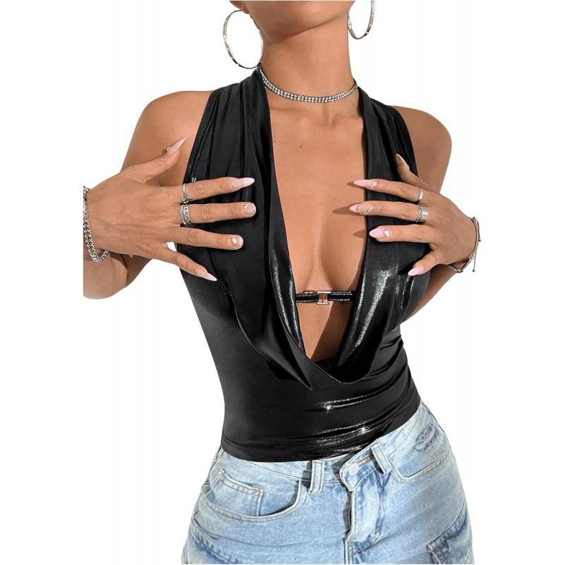 Women's Metallic Draped Front Cowl Neck Halter Top Backless Slim Fit Y2k Club Party Crop Tank Tops