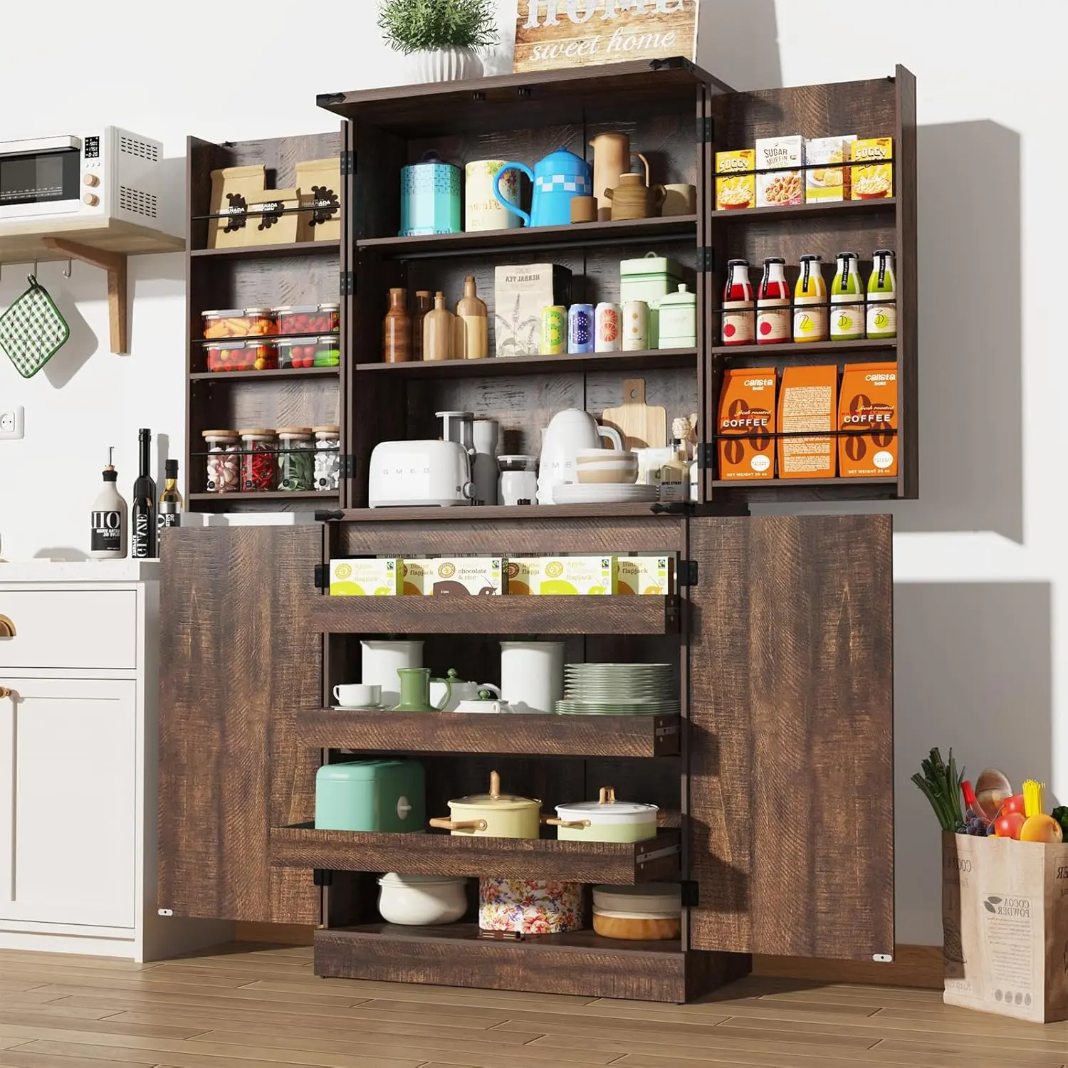 71" Tall Kitchen Pantry Cabinet with 3 Pack Pull Out Drawers for Cabinets,Farmhouse Storage Cabinet with 6 Door Shelves,with Load-Bearing Steel Pipe,Pantry Organizers for Kitchen,Dining Room (White/Brown)