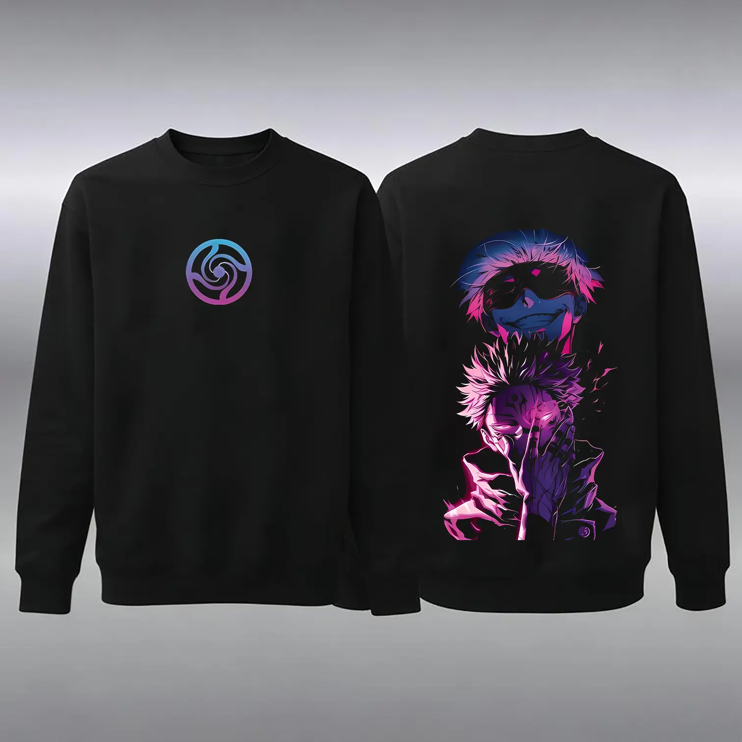 Menswear Jujutsu Kaisen Vintage Oversized Distressed Long-Sleeve Heavy Cotton Sweatshirt - Gojo Satoru x Ryomen Sukuna Streetwear Top, JJK Anime Sweatshirt, Round Neck, Anime Art Style, Whimsical Vibe, Oversized Cut