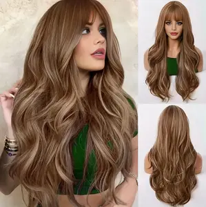 Women's 30-Inch Brown Highlighted Blonde Body Wave Bob Synthetic Wig with Bangs, Synthetic Material Wigs for Daily & Party Hair Replacement