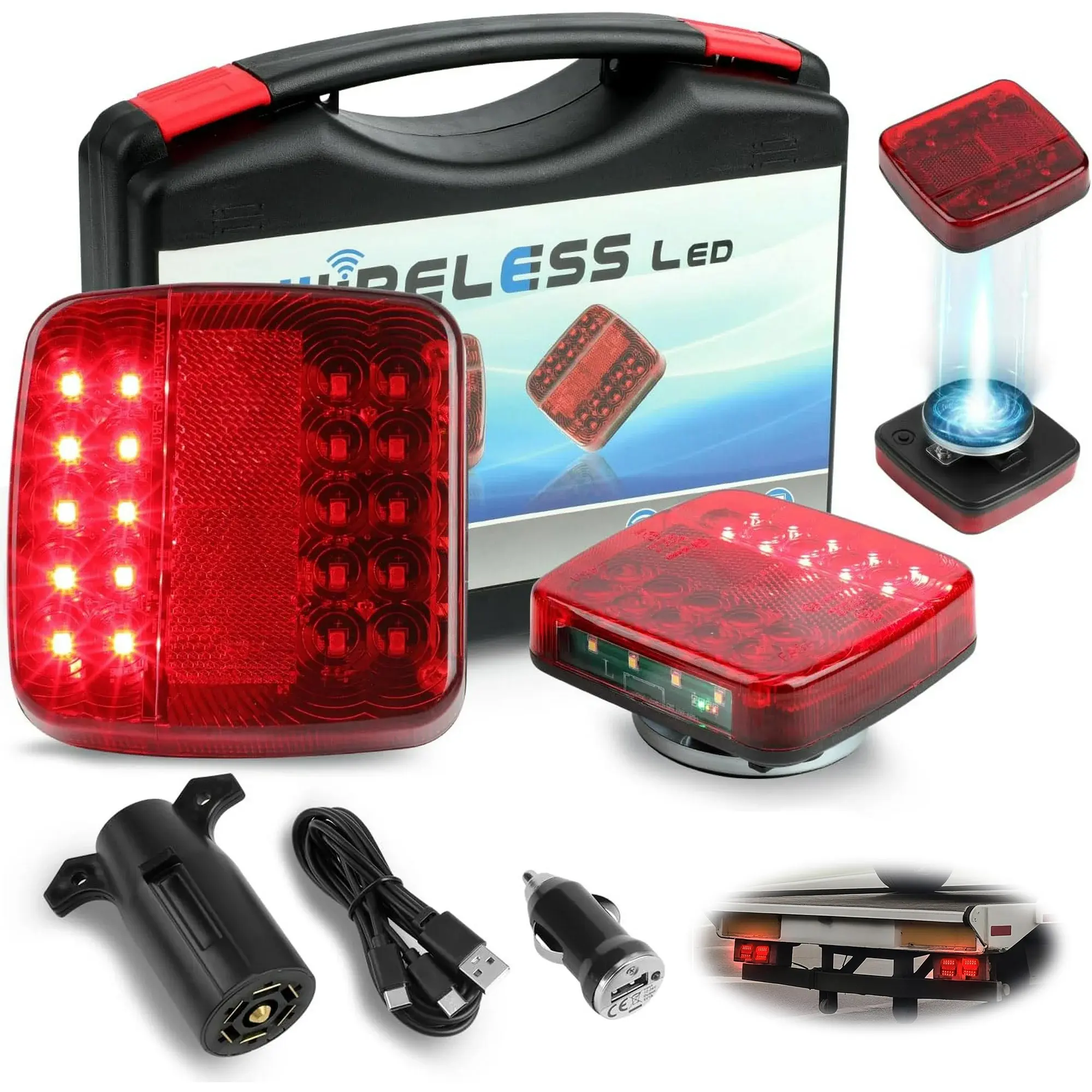 Magnetic Wireless LED Trailer Lights Kit - Rechargeable, Fast Charging, IP67, 2.4GHz 7 Pin Transmitter & Plug, 1mi Visibility, Car Exterior Upgrade for 12V RV Pickup Trucks Marine Boats (Tail, Stop, Turn Signal, License Plate Lights)