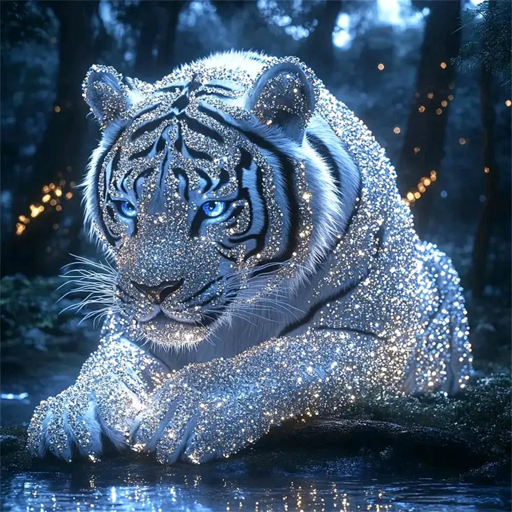 Glitter white tiger with blue eyes in forest and firefly stream wall art, Diamond Painting Kits, multiple sizes available, 5D DIY diamond painting kit handmade birthday gift