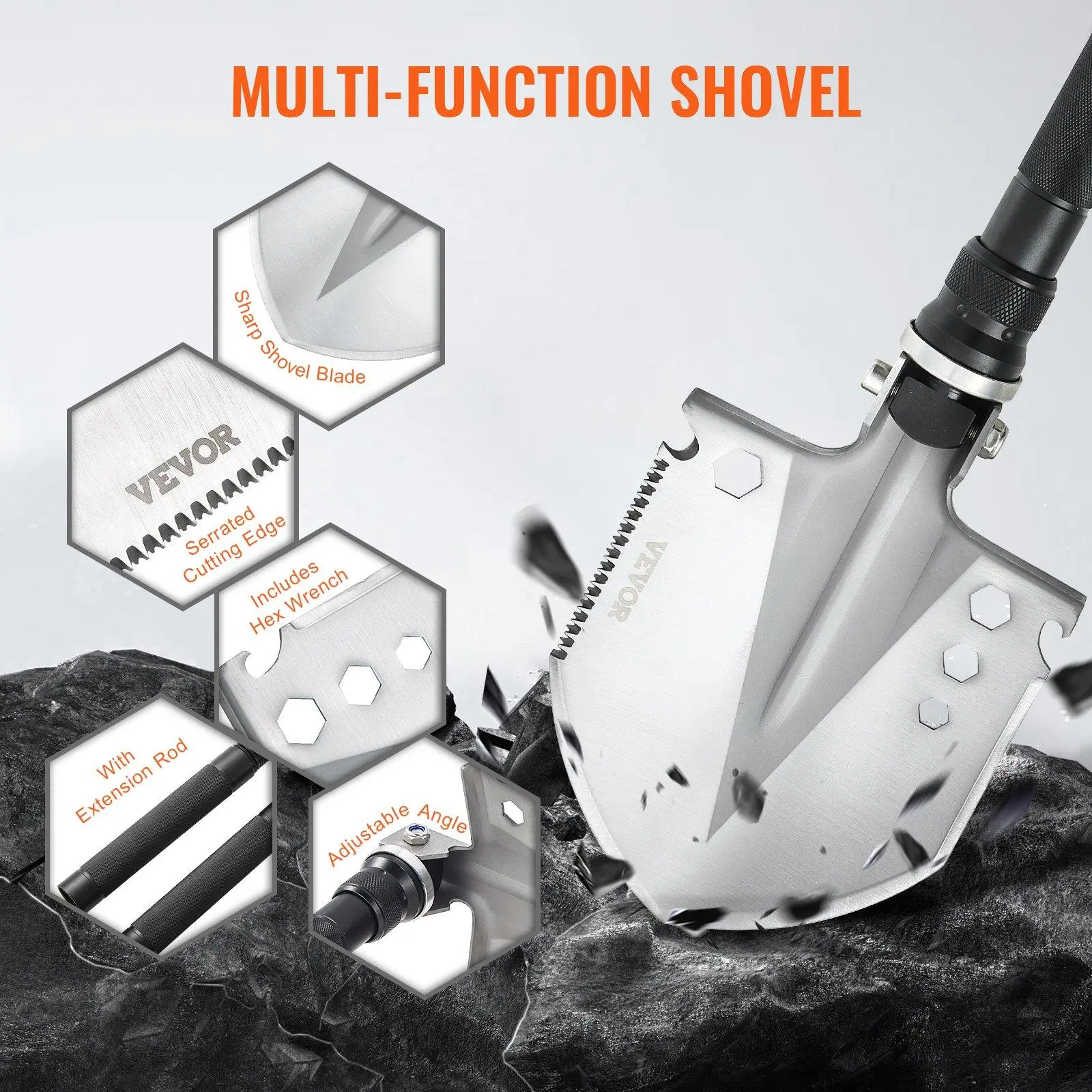 VEVOR Shovel 13 in 1 Camping Shovel Multitool Portable Compact with Compass,  Whistle, Glass Breaker & Extension Rods for Durable Outdoor Use