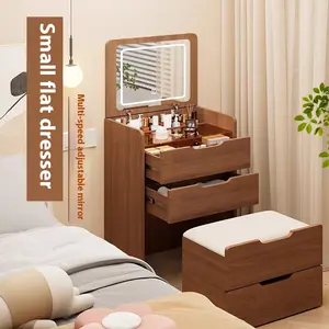 3-in-1 Modern Makeup Vanity Table with Flip-up Mirror, LED Lights, Stool, 3 Storage Drawers, Compact Design, Visible Glass Desktop and Storage Chair (Walnut), Modern Vanity Table