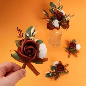 6 pcs Burnt Orange Boutonniere for Men Wedding Groom Groomsmen Best Man Terracotta Artificial Flowers Boutonniere for Fall Rustic Wedding