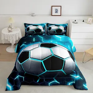 Feelyou Boys' Soft Bedding Set - Football Themed Quilted Microfiber Comforter, Blue Glow-in-the-Dark Duvet Insert, Modern Neon Light Skin Friendly Blanket