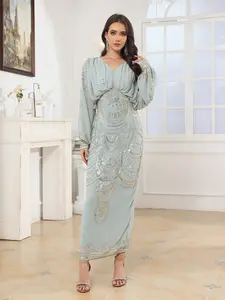 Muslim Fashion Dress, Mesh Sequin Embroidered Evening Gown, Wedding Party Dress, Elegant Loose Fit Batwing Sleeves, All Seasons