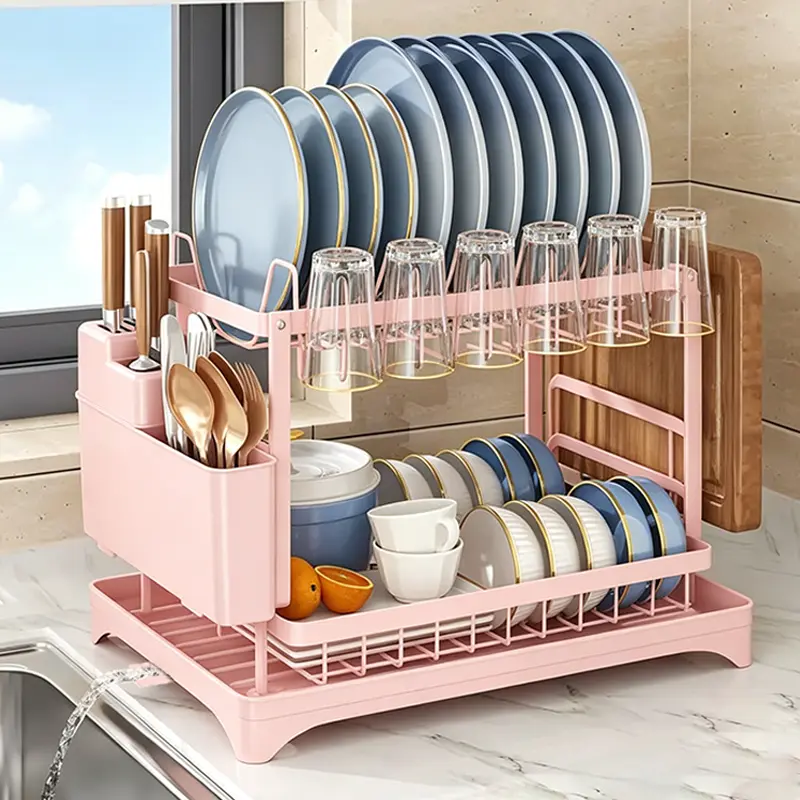 2-Tier Stainless Steel Dish Drying Rack, Space-Friendly Double-Decker Multifunctional Draining Board for Kitchen Counter, Dish Drying Racks, Double-Decker Draining Boards Adjustable Organizer Adjustable Organiser