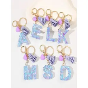 Initials Letter, Cute Heart Tassel Decor Resin Charm with Key Ring, Trendy Cute Keychain, Fashion Accessories for Women & Girls, Unique Gift Idea for Friends and Family