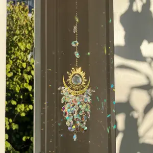 Crystal Sun and Moon Suncatcher - Nature-Inspired Rainbow Light Catcher Wind Chime for Window Hanging, Mood-Boosting Indoor Outdoor Decor, Garden Accessories to Harmonize Home & Garden Ambiance
