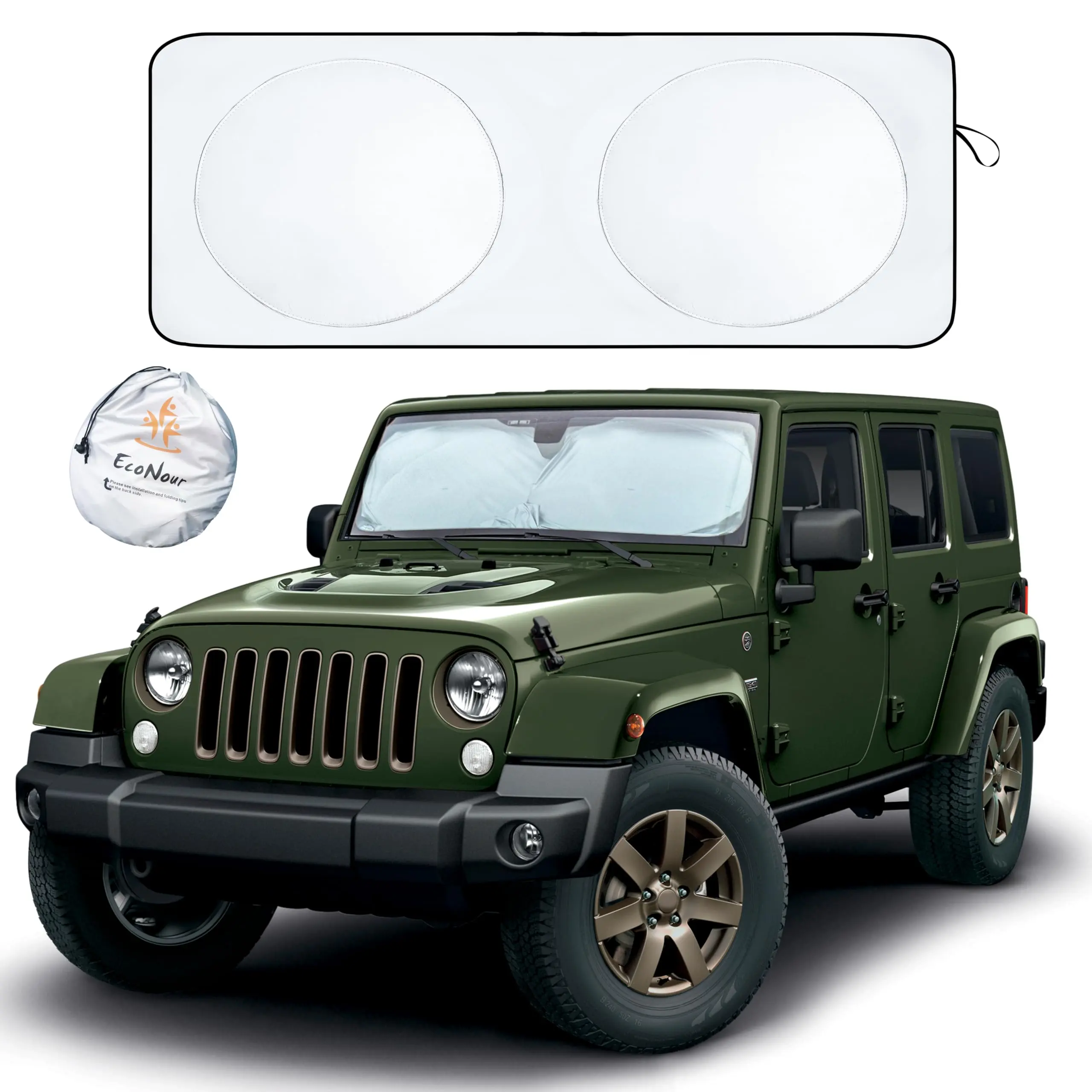 Jeep Wrangler Windshield Sunshade X-Small (59.5" x 20.5") | EcoNour, Car Sunshade Windshield Outside, Collapsible Window Sunshade