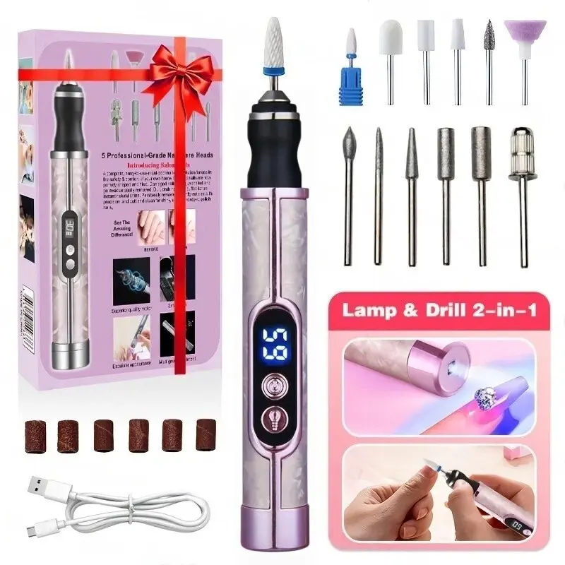 2-in-1 electric nail polisher, portable, with base nail lamp, nail trimming and peeling tool, USB rechargeable, long battery life, 5-speed intensity control, LCD digital display, home and salon nail set, Manicure, Nail Care, Nail care machine, Nail Tools