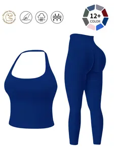 Halter Neck Backless Yoga Set - 12+ Colors, Seamless 2-Piece Workout Outfit with Butt Lifting Leggings, Buttery Soft & Squat-Proof for Gym, Yoga & Everyday Wear, Backless Gym Clothes, Workout Sets, Seamless Sport Clothing