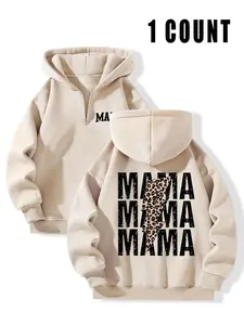 Women's Letter & Leopard Print Knit Hoodie, Casual Long Sleeve Hooded Sweatshirt for Fall & Winter, Women's Clothes for Daily Wear, Womenswear