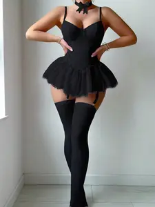 Women's Goth 5Pcs Mature Series Lace Patchwork Steel Ring Design Bodycon Dress Suit Elegant Fit Exotic Spicy Agerose Cut-Out Garter Strap Lingerie Set Bodysuits Comfortable Lounge Wear for Wedding Season Hollow Halter Underwired