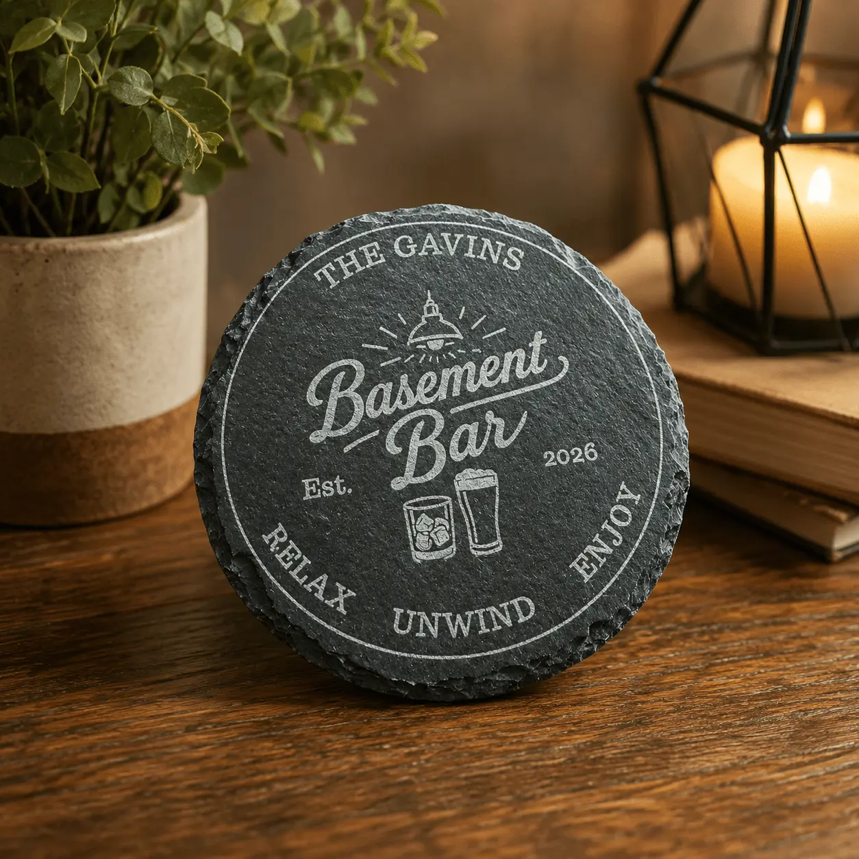 Personalized Basement Bar Slate Coaster Set – Custom Round Drink Coasters