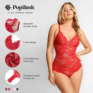 Popilush Basic Full Lace Shapewear Bodysuit Women Vneck Compression Sleeveless Thong Tummy Control Backless Adjustable Sexy Long Sleeve Bodysuit Womenswear