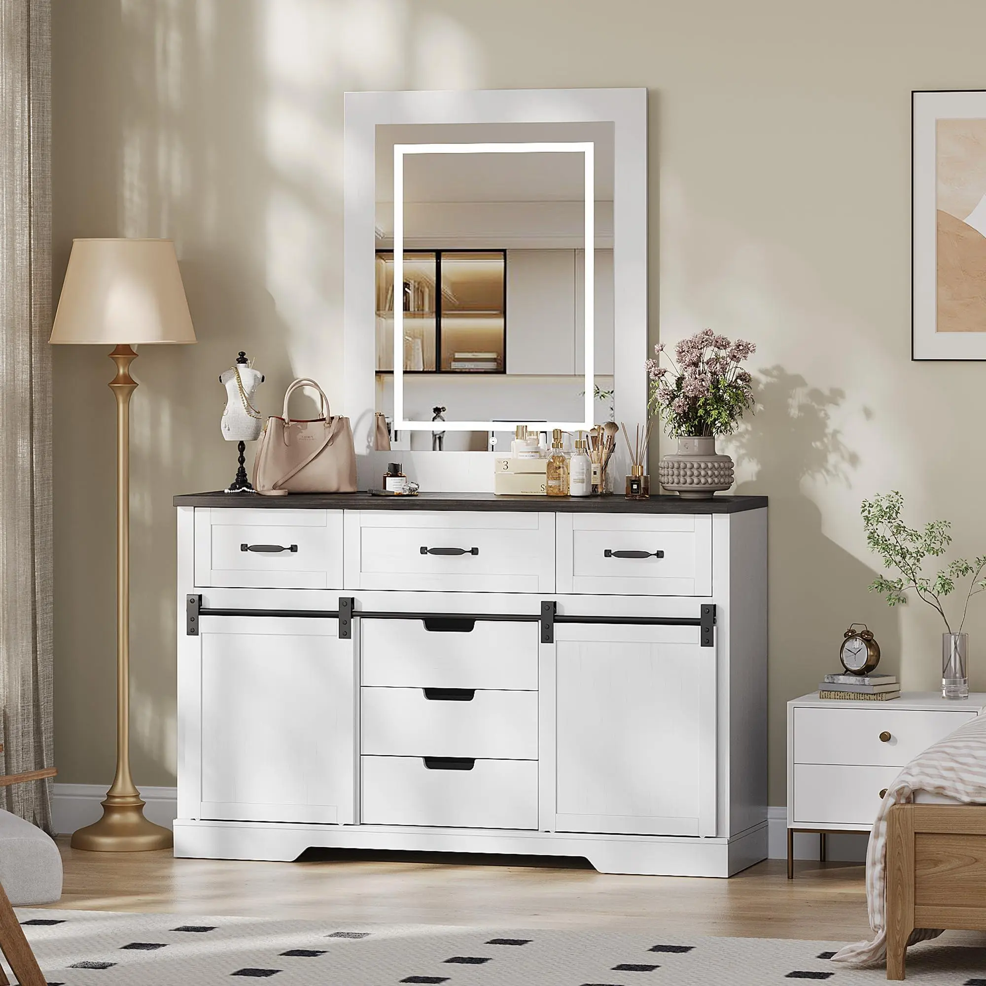 White Farmhouse Buffet Cabinet (47.2 in) - Sideboard Cabinet with LED Mirror, 6-Drawer Coffee Bar for Dining Room, Kitchen
