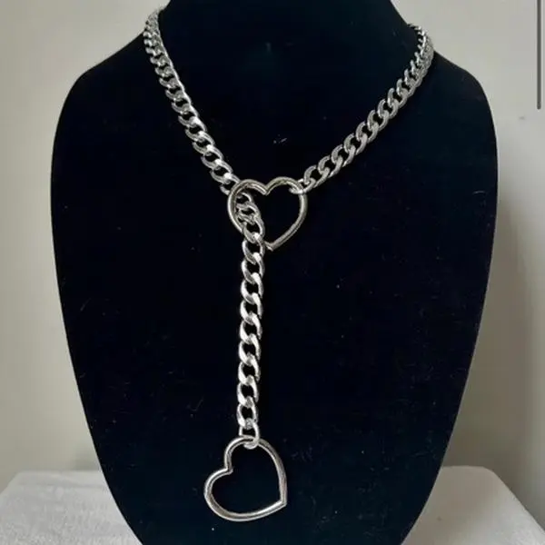 1pc Silver Heart Lariat Y-Necklace | Chunky Cuban Chain Choker | Edgy Y2K Aesthetic Jewelry for Women | Trendy Gift for Her Adjustable O-Ring
