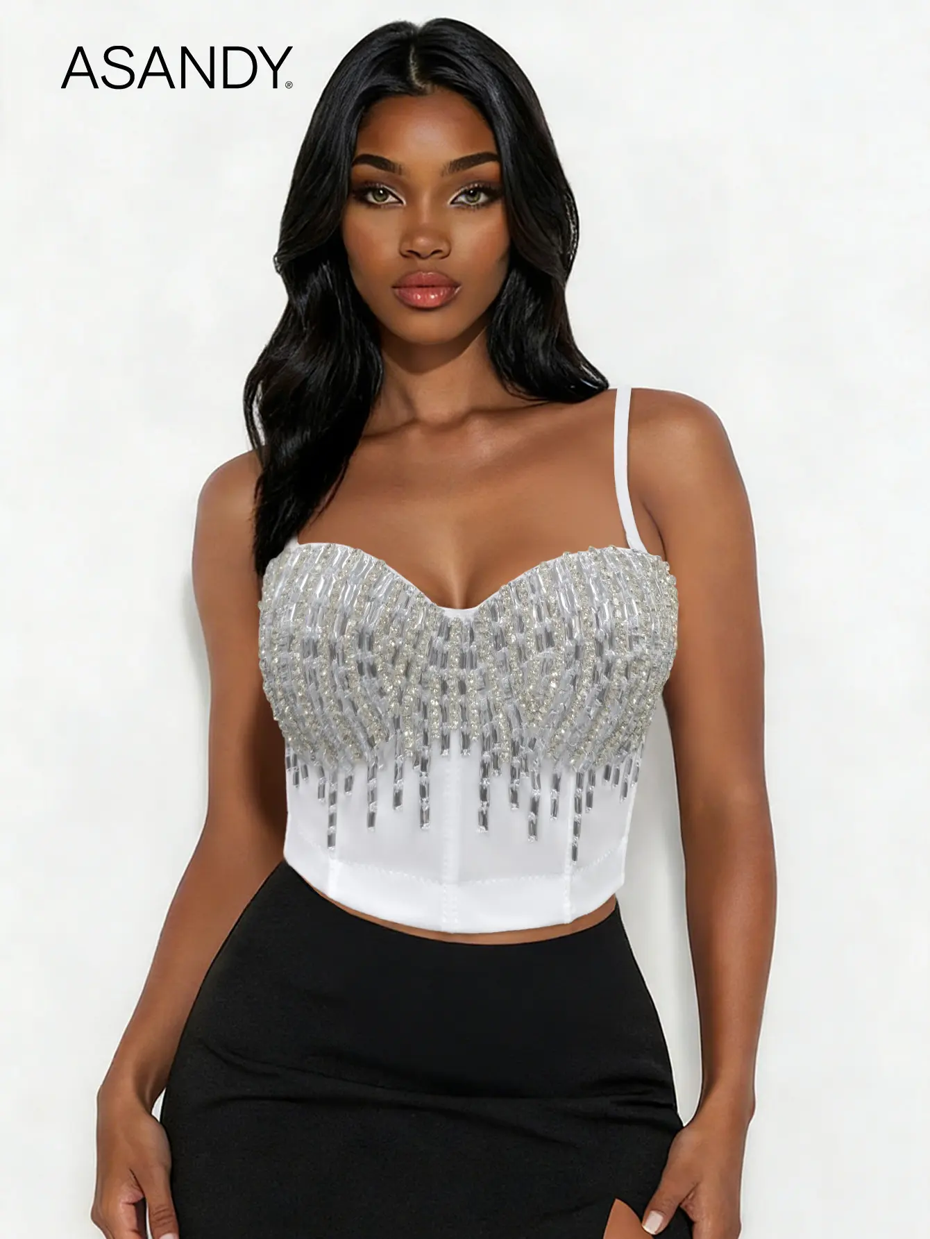 ASANDY Women's Elegant Sleeveless Rhinestone Fringe Bustier Mini Crop Top - Spaghetti Strap, Sweetheart Neck, Beaded, Breathable Lightweight Blazer-Style, All-Season, Loose-Fitting, Machine-Washable Streetwear for Club & Date Nights