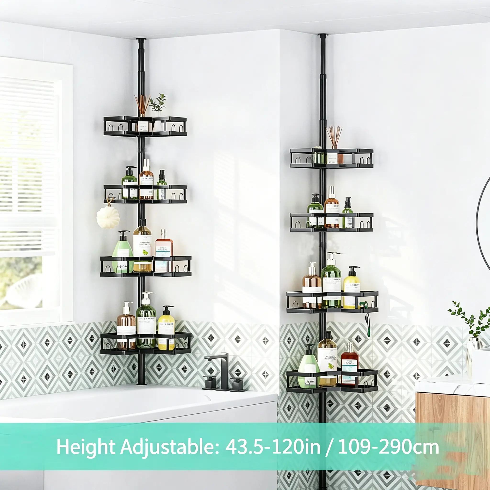 4-Tier Stainless Steel Corner Bathtub Shower Tension Rod Storage Rack (4-Tier Setup, 43.5-120 Inches), Resistance-Coated to Slow Rust, Adjustable Movable Storage Shelf for Soap & Bathroom Supplies, Easy-Install Home Bathroom Gadget