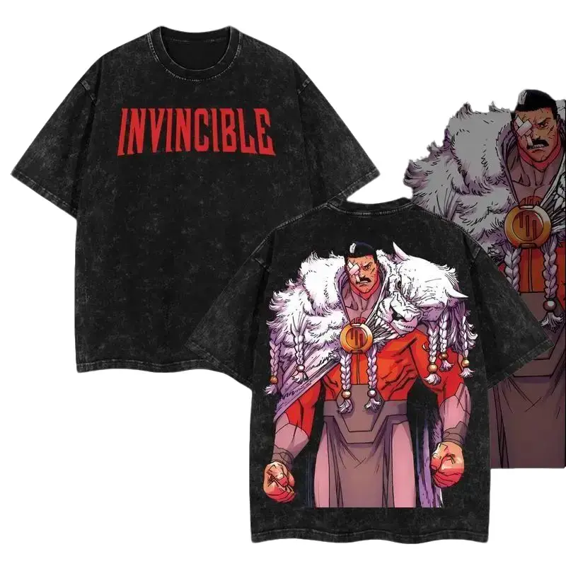 Invincible Thragg Graphic Tee Vintage Wash Oversized T-Shirt for Men Anime Streetwear Comic Book Apparel Battle Beast Pelt Print Heavyweight Cotton Short Sleeve Casual Retro Top Geek Pop Culture Gift Y2K Trendy TikTok Fashion Gym Pump Cover Tops Tshirt