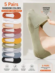 5 Pairs of Women's Invisible Socks - Comfortable, Breathable Polyester Short Socks with Sponge Bottom for Enhanced Grip and Stability, Smooth Knitted Fabric, Perfect for Casual Wear, Womenswear Basic, Random Color Assortment