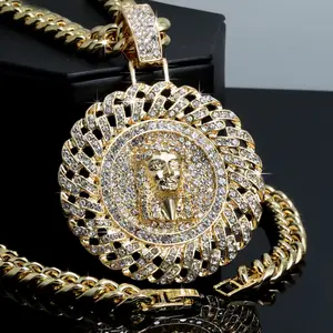 MaxBling81 Unisex Iced Gold-Plated Oversized Jesus Face CZ Religious Image Pendant Necklace - 10mm Cuban Link Chain Necklaces, Multi-Size Men's Jewelry (18in,20in,24in,30in) for Daily Wear, Men's Jewelry Necklace
