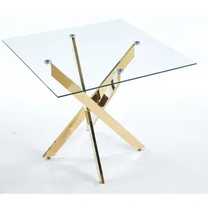Dining Table with cross metal leg and tempered glass,Modern Space Saving Kitchen Table for Living Room,chrome legs,Square table,golden legs,90x90x75cm