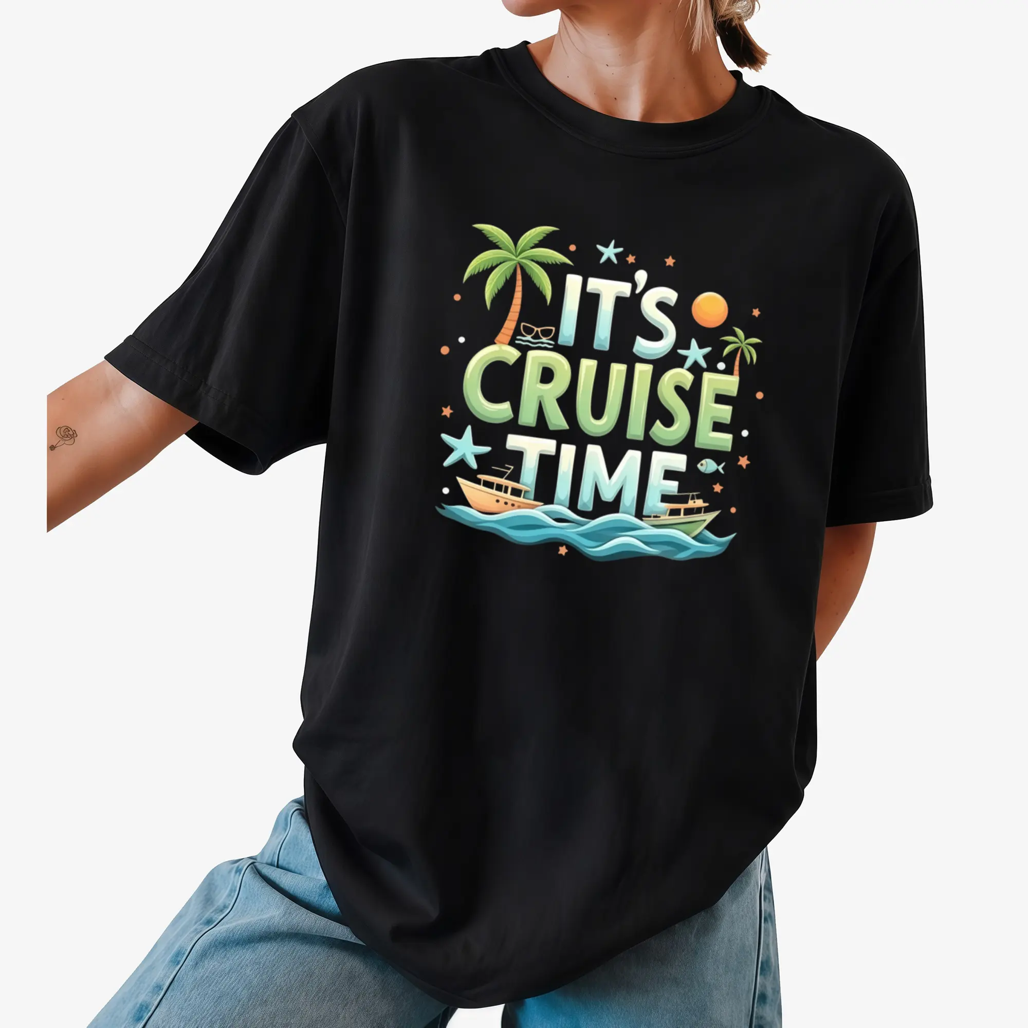 Cruise Ship T-Shirt With It's Cruise Time Tropical Palm Tree And Boat Print   Perfect For Vacation, Beach, And Summer Travel Outfits,WoWomen's T-Shirts, Festive Celebration Wear, Festive Graphic Tee, Festive Fashion Lovers