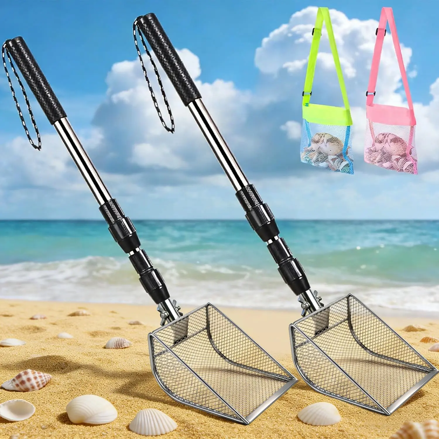 Upgraded 2Pcs Shark Tooth Sifter Beach Sand Shovel Set, Effortless Angled Design Sand Scoop Shell Scooper for Easy Digging, Reinforced Head Telescoping Handle for Kids Adults, Comes With Storage Bags