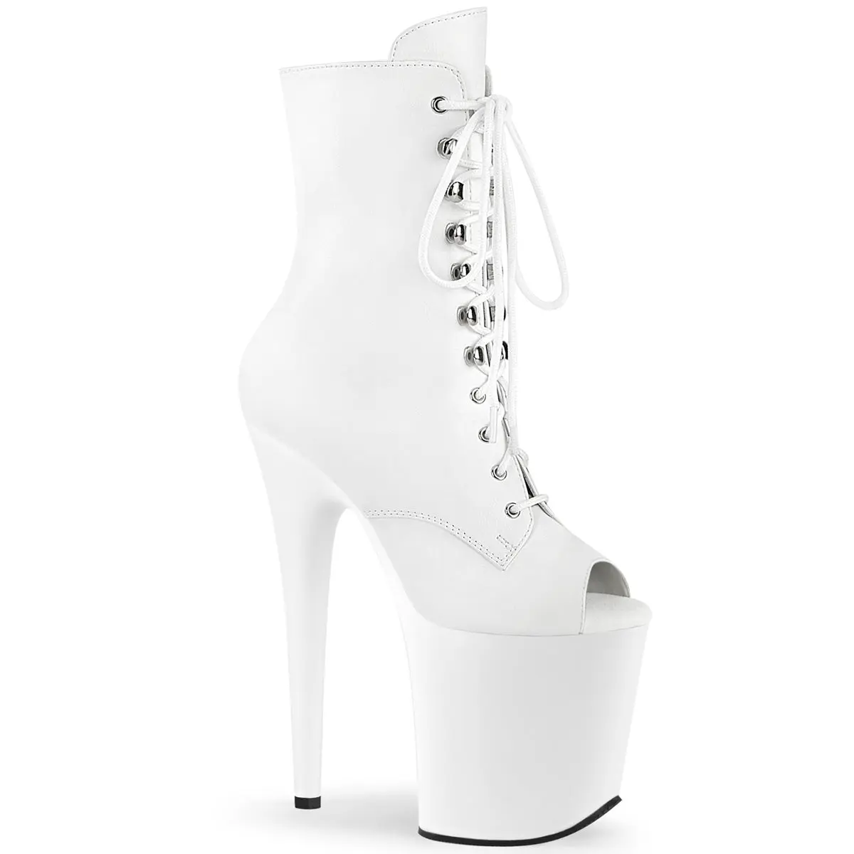 Women's White Faux Leather 8 In Lacy Statement Peep-Toe Ankle Boots - Very High Heel (Above 8 cm), Lace-Up, Side Zipper, Lace Platform, Pole Dance Stage Wear Footwear