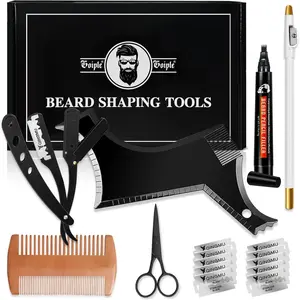 Beard Shaper for Men Beard Shaping Tools - Beard Template Guide, Professional Straight Edge Razor, 10 PCS Double Edge Blade, Barber Pencil, Beard Comb, Stainless Steel Scissor Mustache Lineup Tools