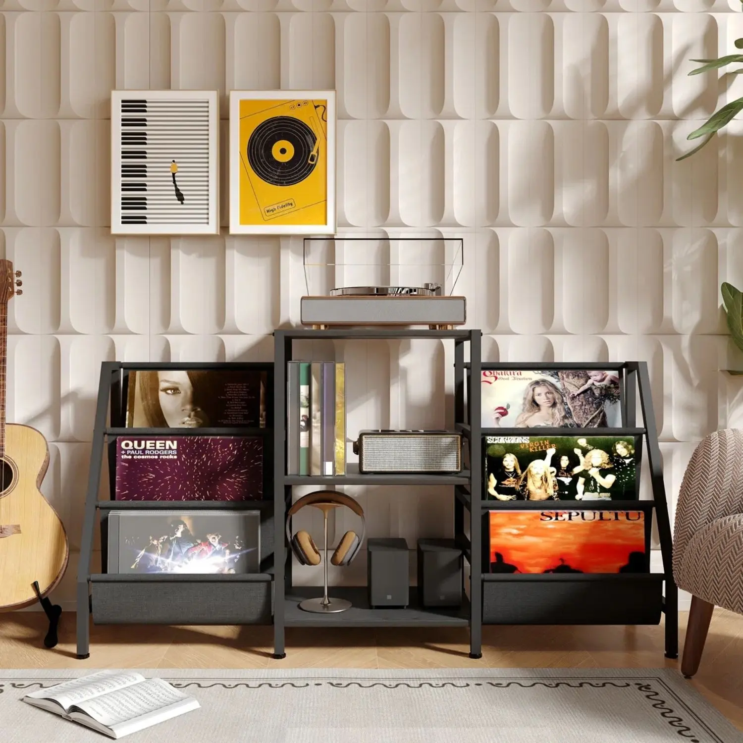 3-Tier AV Media Stand, Audio Video Rack for Receiver, Game Console and Cable Box, Record Player Table with Vinyl Display Holders and Storage Shelves, Mid-Century Modern Entertainment Center for Turntable, Speakers, Books & Albums