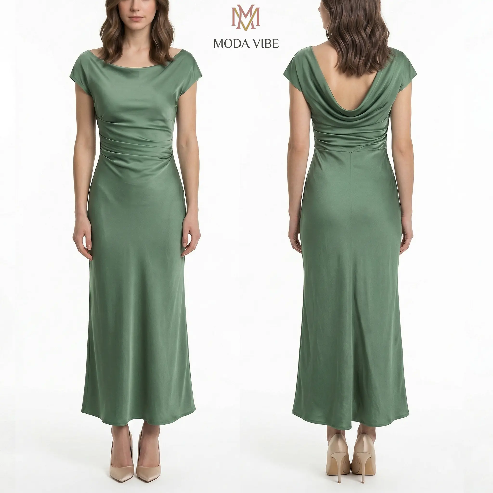 MODA VIBE Women's Elegant Satin Cowl Back Midi Dress - 2026 Summer Collection, Formal Wear, Elegant Dresses for Women, Cap Sleeve/Shortsleeve Shimmering Cocktail Attire, Wedding Guest Dresses