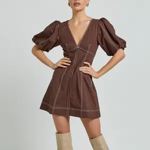 MINI DRESS - LINEN PUFF SLEEVE A LINE DRESS IN CHOCOLATE