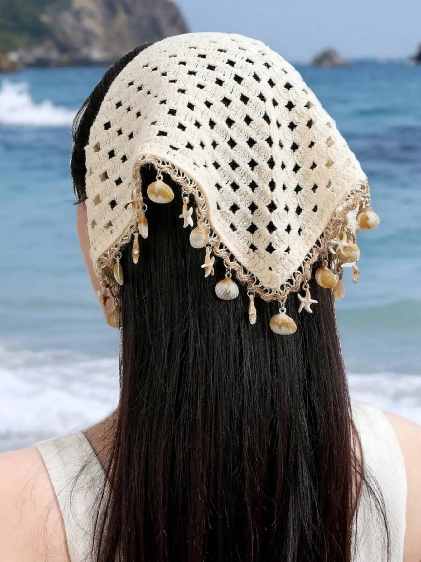 1pc Women Bandana Beige Seashell & Starfish Crochet Hollow Out Tasseled Headband, Summer Bohemian Hair Accessories, Fashion Hair Scarves, Suitable For Daily Wear, Sports, Beach, & Holiday Head Wrap Casual Hair Bands, Headscarf For Vacation Outfits