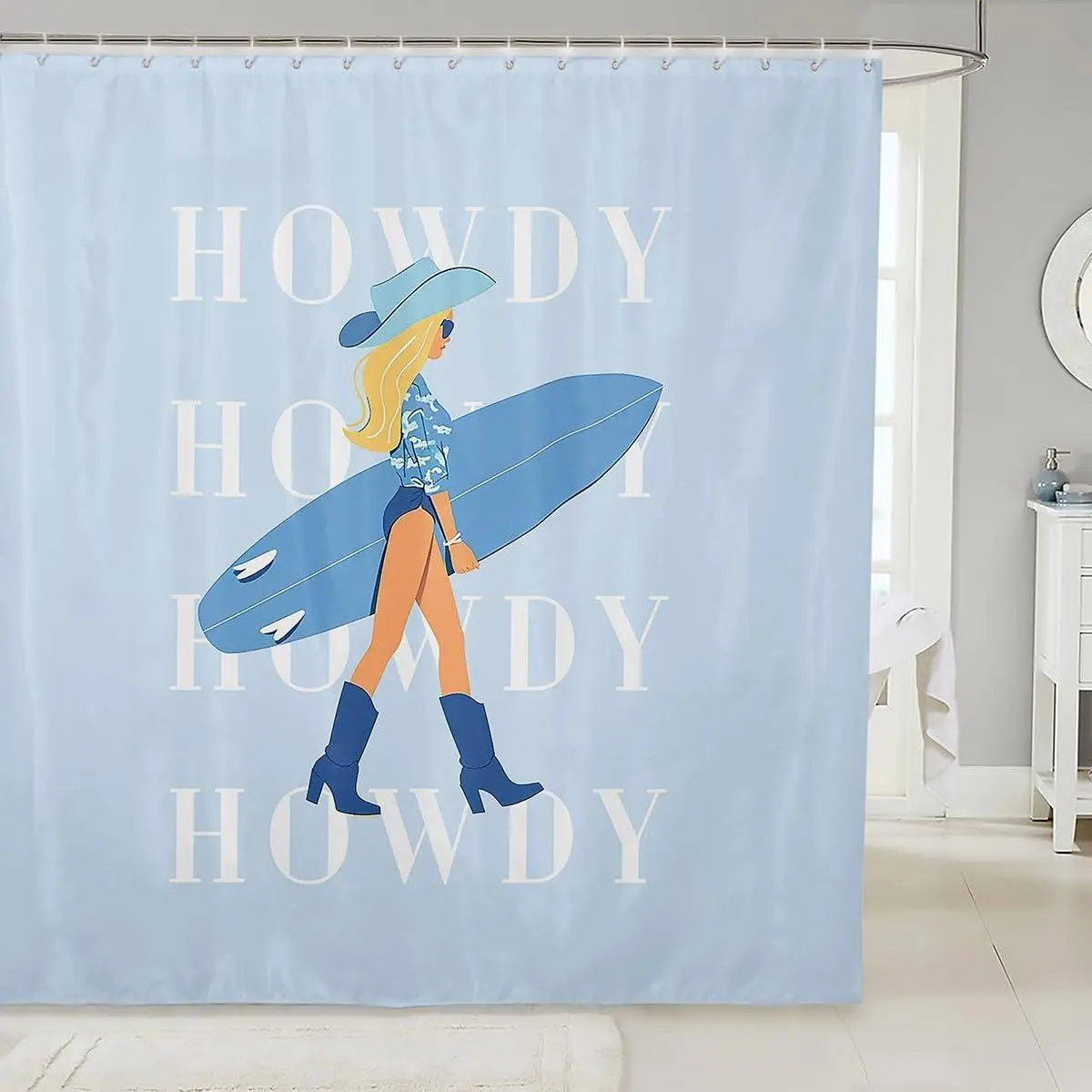 Surf Surfer Bathroom Decor,Blue Coastal Cowgirl Shower Curtain Set,Surfboard Surfing Bathroom Set,Ocean Beach Fabric Shower Curtain