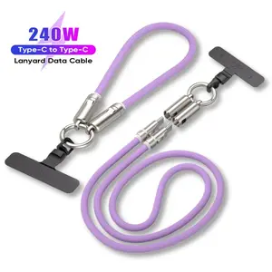 240W USB-C Lanyard Charging Cable 2-in-1 Phone Strap Fast Charger 5A PD Data Transfer Cord with Buckle Zinc Alloy Durable for Smartphone Tablet Laptop