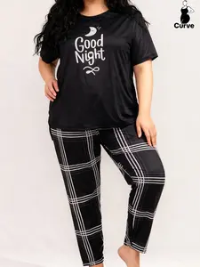 Plus Size Casual Women's Sleepwear Set, Summer Loose Comfortable Printed Short Sleeve T-Shirt & Jogger Pants 2 Piece Set