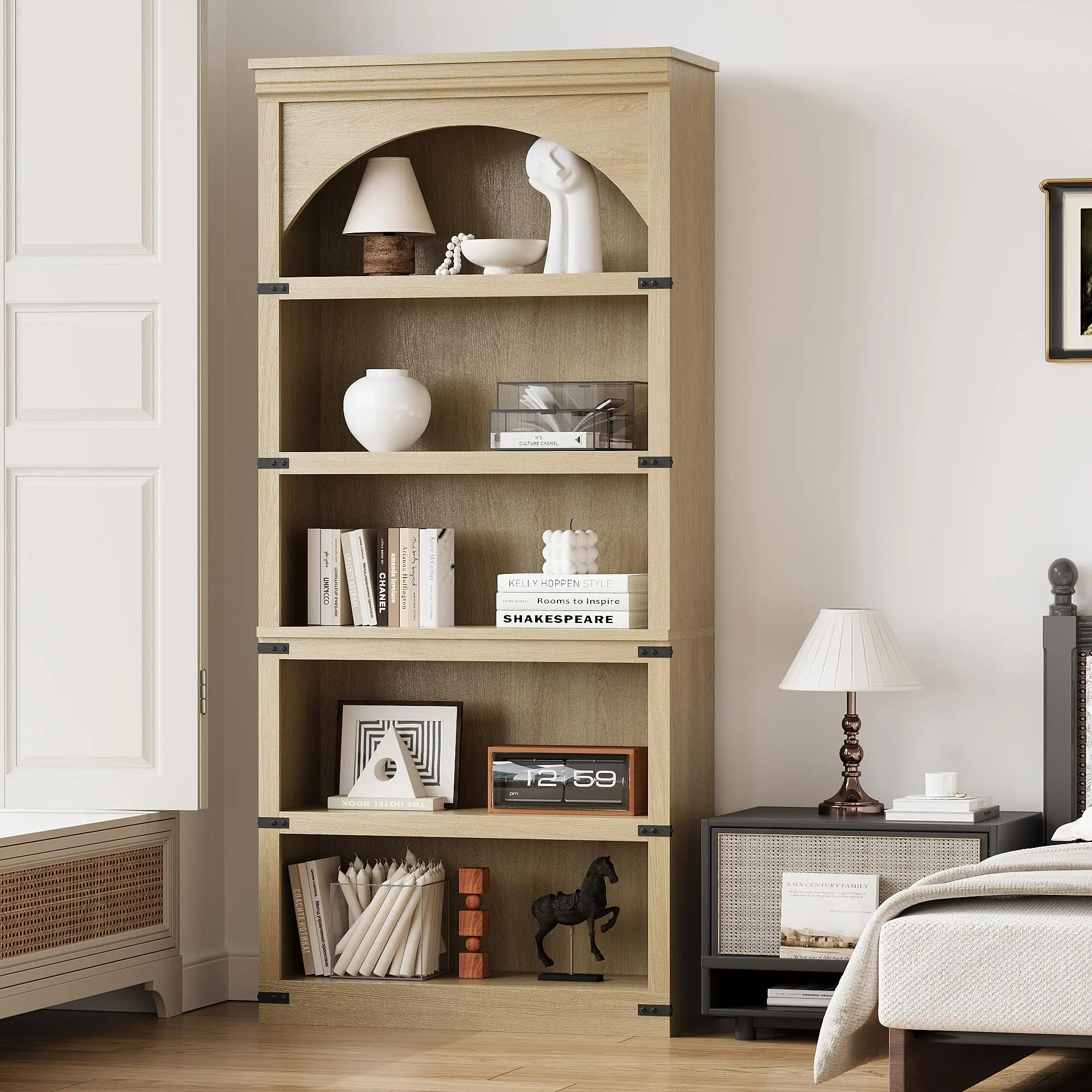 Arched Top Farmhouse Bookshelf with Multiple Storage Tiers, Wooden Freestanding Bookcase for Living Room, Bedroom, Office, or Library