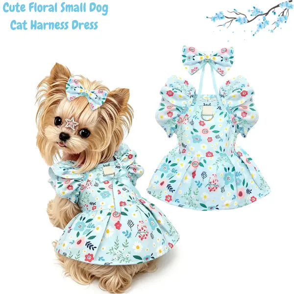 Floral Dog Harness Dress with Leash D-Ring | Soft Breathable Puppy Dress for Small Dogs & Cats | Adjustable Ruffle Pet Harness Outfit with Bow for Chihuahua, Yorkie, Maltese (Blue, Large)