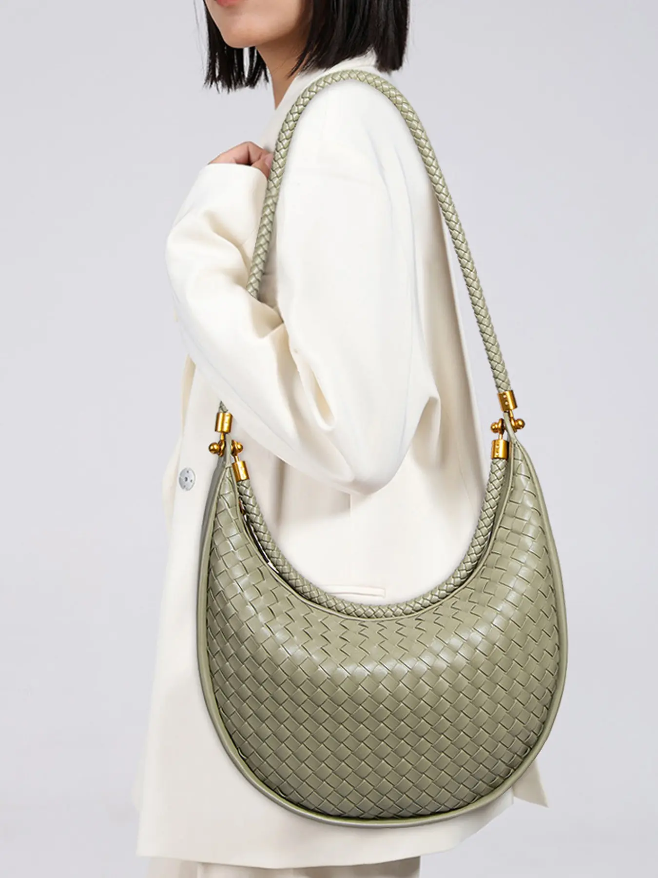 Handmade Custom Woven Bag for Women, Casual Handbag, Crescent Moon Trendy Shoulder Bag, Half Moon Bag, Avocado, Lazy Chic, Stylish Versatile Bag, High-End Style, Fashionable Casual Bag